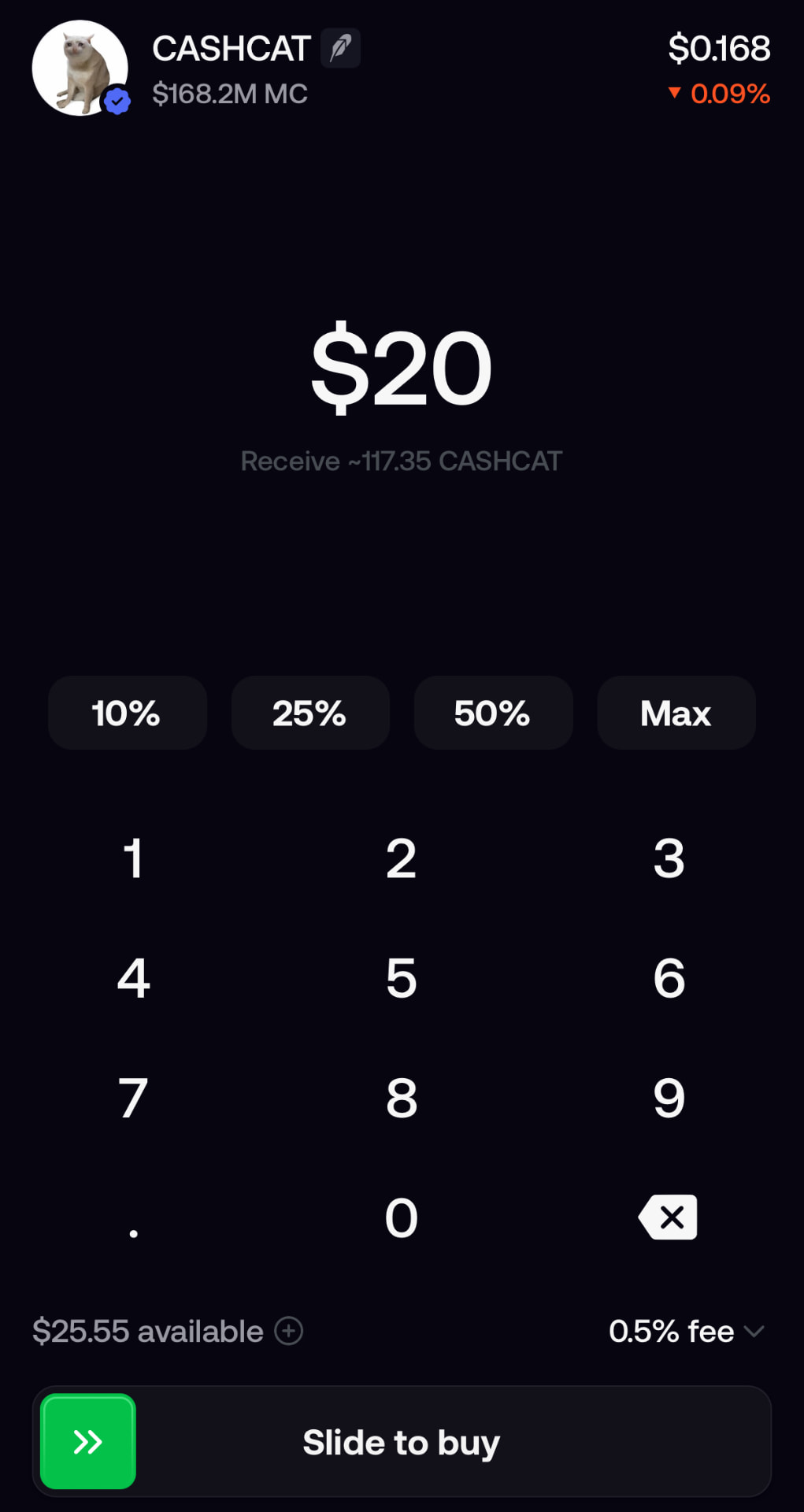 Cashcat buy screen showing amount entry and slide to buy